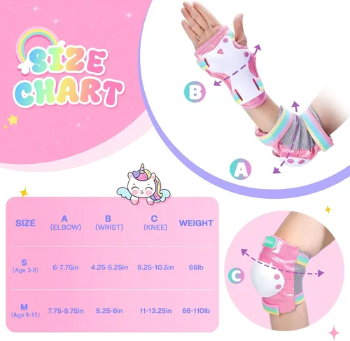 Vista 6 de Patines para niños pequeños (unicornio arcoíris, XS) + juego de equipo de protección rosa con bolsa de cordón (S)
