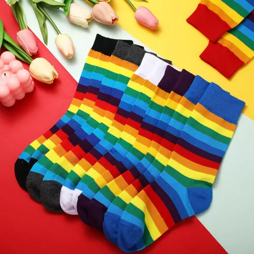 Vista 7 de Bencailor 6 pares de calcetines deportivos de algodón a rayas, diseño de arco iris, calcetines tobilleros de algodón, casuales, multicolor, unisex