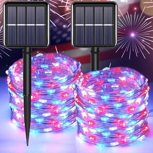 Vista 8 de Tira de luces solares azules de Navidad al aire libre impermeables, 2 paquetes, total 200 LED, 20.1 m, 8 modos, luces de hadas de cobre
