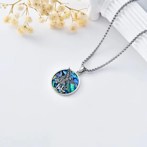 Vista 3 de Shusukue Collar con colgante de plata de ley 925 con concha de abulón medalla redonda de San Miguel Jude Antonio Pedro para hombres mujeres niños