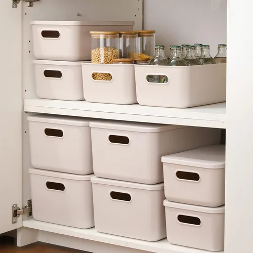 Vista 2 de Yishyfier Cestas de Almacenamiento de Plástico con Tapa Contenedor Organizador Contenedores Organizadores de Tejido de Punto con Tapa para Estantes