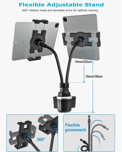 Vista 5 de Soporte doble para tablet de 4.7 a 12.9 pulgadas para teléfono y iPad, cuello de cisne doble para tablet, soporte para tablet de automóvil