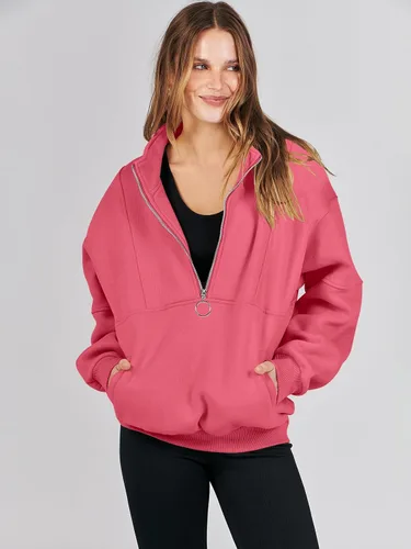 Vista 7 de ANRABESS Sudaderas de forro polar con media cremallera para mujer, de gran tamaño, con cremallera de un cuarto, ropa de otoño 2024, ropa de moda