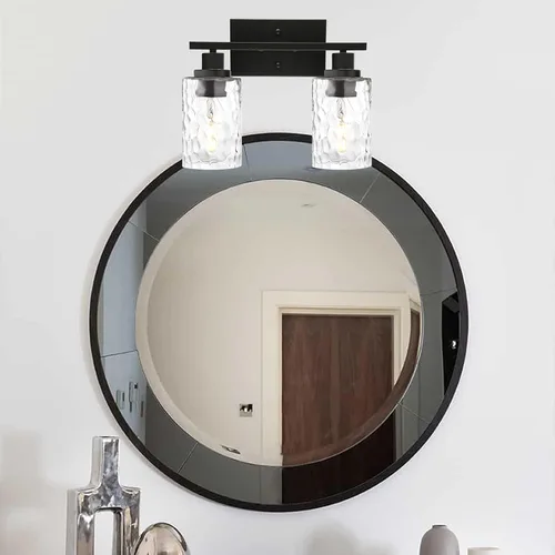 Vista 3 de MELUCEE Iluminación de pared interior 2 luces mate negra con vidrio martillado transparente, lámpara de pared moderna para tocador de baño