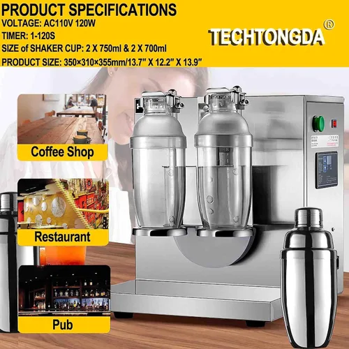 Vista 2 de TECHTONGDA Máquina comercial de coctelera de té con leche, máquina profesional de acero inoxidable de doble marco automático de té de burbujas