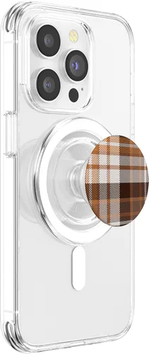 Vista 3 de Patrón de tartán naranja marrón y blanco para otoño PopSockets MagSafe PopGrip para iPhone