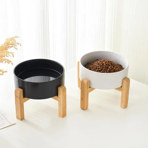 Vista 8 de Cuenco elevado de cerámica de 6 pulgadas para perros – Tazón de comida y agua para perros de 30 onzas con soporte elevado de bambú antideslizante