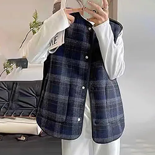 Vista 7 de Chaleco corto de invierno para mujer, informal, reversible, chaquetas de chal, de moda, liso, sin mangas, bolsillos