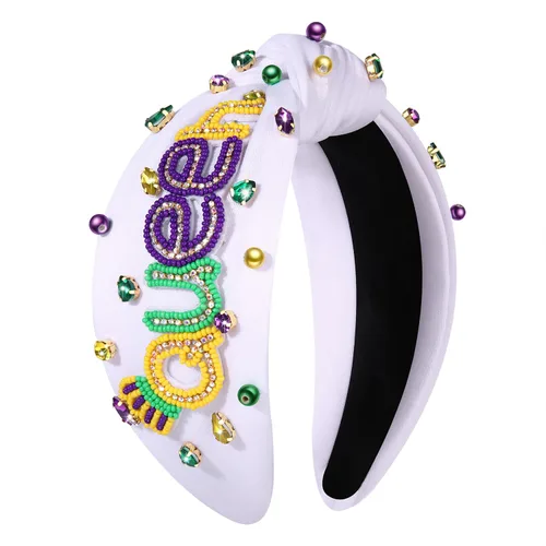 Vista 11 de Diadema de Mardi Gras para mujer, diadema de corona de flor de lis, diadema morada con diamantes de imitación y nudo superior, accesorios