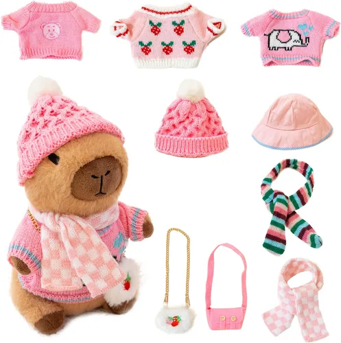 Vista 15 de Capybara - Lindo peluche de peluche para niños y niñas, juego de 10 piezas, 9 prendas y accesorios, juguete de peluche Kawaii, peluche suave