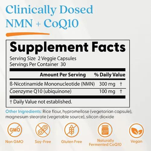 Vista 2 de Doctor's Best Suplemento NMN + CoQ10 para mujeres y hombres, apoya la producción de NAD+ y energía celular, beta nicotinamida mononucleótido de 150