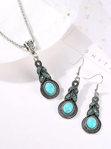 Vista 3 de Collar de turquesa bohemio para mujer, aretes de turquesa vintage, pulsera de turquesa ajustable, conjunto de joyas de turquesa occidental