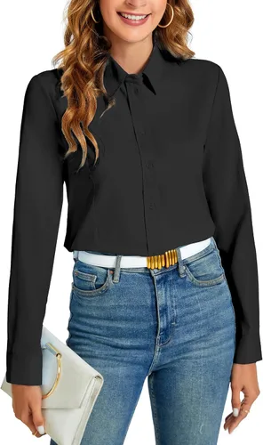 Vista 11 de Camisas básicas con botones para mujer, estilo ejecutivo informal, cuello, ropa de trabajo, camisa de vestir ajustada, blusa