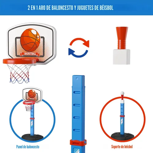 Vista 7 de HYES Juego de aro de baloncesto 2 en 1 y pelota en T para niños, altura ajustable, tee de béisbol para niños con máquina de lanzamiento automática