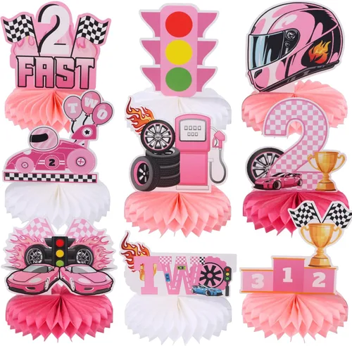 Vista 13 de 9 piezas de centro de mesa de auto de carreras de 2º cumpleaños Let's Go Racing Two Fast Birthday Party Decoración de mesa de auto de carreras