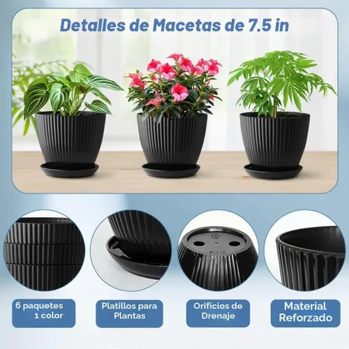 Vista 3 de RooTrimmer Macetas de Plástico Engrosado Negro de 7.5 Pulgadas con Platillos, Paquete de 6 Maceteros Modernos para Plántulas para Plantas