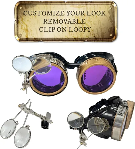Vista 4 de UMBRELLALABORATORY Gafas de estilo victoriano Steampunk con diseño de brújula y lupa ocular, gafas para rave A. Lila