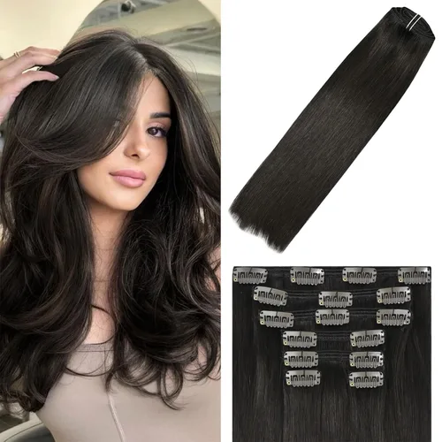Vista 49 de WindTouch - Extensiones de cabello humano liso con pinzas, color negro azabache, 2.47 onzas, N.° 1, 12 pulgadas, 7