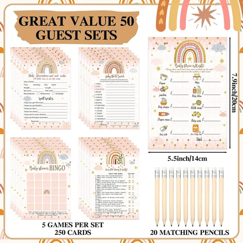 Vista 3 de Patelai 321 piezas de decoraciones de baby shower arcoíris con un pequeño rayo de sol está casi aquí, fiesta de baby shower, juegos de bingo No