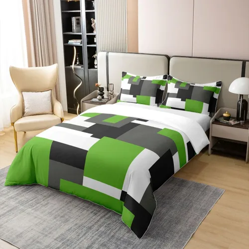 Vista 3 de Funda de edredón geométrica 100% algodón, tamaño individual, juego de ropa de cama de retazos, verde, negro, gris, blanco, retro, estética, rústica