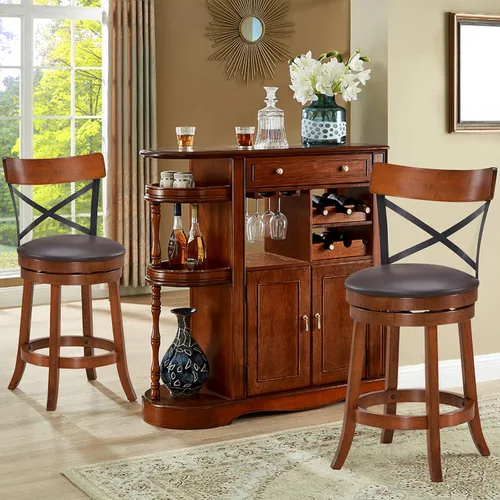 Vista 2 de COSTWAY Juego de 2 taburetes de bar giratorios de madera maciza de 360 grados con cojín suave y respaldo, taburetes de bar de cocina de 25 pulgadas