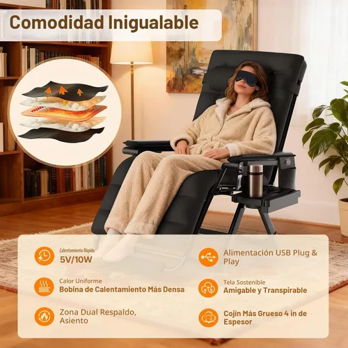Vista 5 de Suteck Heated Zero Gravity Chair, 29" XL Oversized Reclining Lounge Chairs Negro