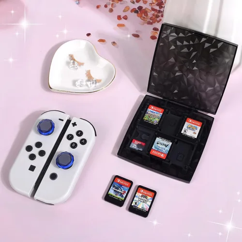 Vista 2 de DLseego Funda para tarjetas de juego de cristal negro para interruptor regular Lite OLED, 11 ranuras para tarjetas de juego, 2 ranuras