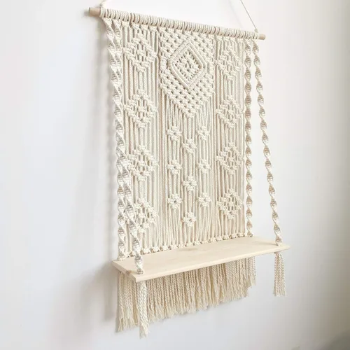 Vista 3 de Estante colgante de pared de macramé, bohemio decorativo para plantas flotantes, estante colgante de madera, colgador de almacenamiento de madera