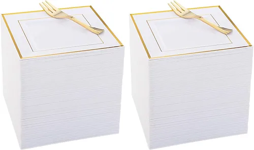 Vista 8 de Platos de postre de plástico plateado con tenedores de plástico, 100 platos cuadrados desechables para aperitivos, platos pequeños con borde Blanco