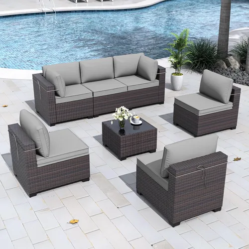Vista 41 de Gotland Juego de muebles de patio de 6 piezas con 1 mesa auxiliar, 5 plazas de ratán seccional para exteriores con reposabrazos anchos de 29.5 Gris