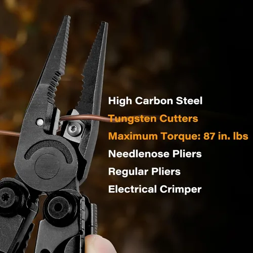 Vista 3 de Tijeras y alicates multiherramienta 21 en 1 con cortadores de tungsteno, autobloqueo Kit EDC duradero y resistente para camping, reparación, Negro
