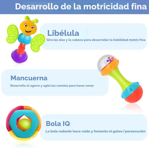 Vista 5 de iPlay, iLearn Juego de 10 sonajeros para bebés, juguetes, sonajero fácil de agarrar y sacudir, mordedor sensorial, juguete musical de aprendizaje