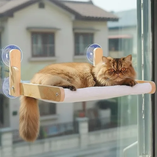 Vista 8 de Percha plegable para ventana de gato con funda peluda de felpa, hamaca para gatos con marco de madera, ventosas resistentes, no requiere