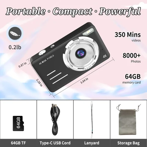 Vista 7 de Cámara digital FHD 1080P para niños, 48MP apunta y dispara, con una tarjeta de 64 GB, zoom 16X, antivibraciones, cámara pequeña compacta para niños