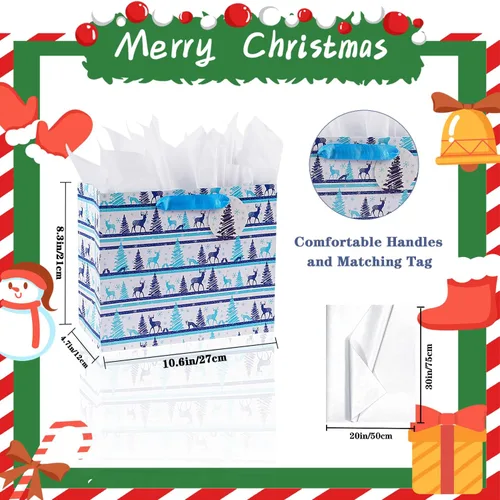 Vista 2 de JWSCYSY 18 Pack Bolsas de regalo de papel de Navidad con papeles de seda a granel, bolsas de regalo de Navidad medianas con diseños surtidos