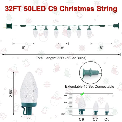 Vista 5 de Luces de Navidad C9 LED para exterior, 50 LED, 32 pies, luces de cadena C9 para Navidad, bombillas de fresa enchufables, conectables, certificadas