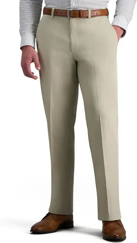 Vista 9 de Haggar Pantalón casual para hombre de alta calidad, sin planchado, color caqui, ajuste clásico, parte delantera plana