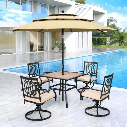 Vista 45 de MFSTUDIO Juego de mesa de comedor para patio al aire libre con paraguas, 4 sillas giratorias y 1 x 37 cuadrado Bistro forjado Iorn Slat mesa grande