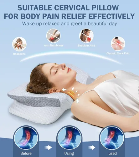 Vista 6 de Almohada cervical para el cuello para aliviar el dolor, almohada ergonómica de apoyo para el cuello, almohadas de espuma viscoelástica, almohada