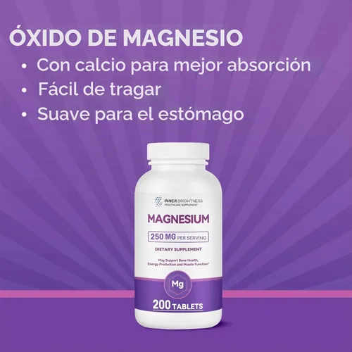 Vista 5 de Suplemento de magnesio puro de 250 mg con calcio, tabletas de magnesio de alta absorción para fuerza ósea, función muscular, relajación y apoyo