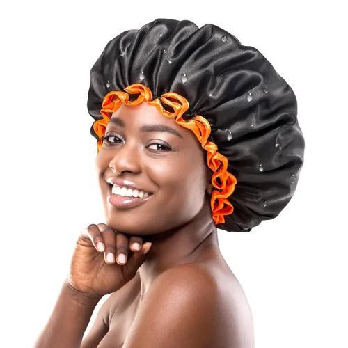 Vista 16 de Gorro de ducha negro extra grande para mujeres y hombres con cabello grueso, largo y trenzas, reutilizable, impermeable, de doble capa XL, gorros