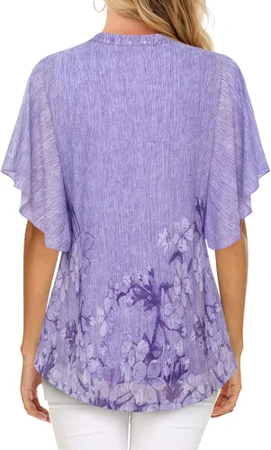 Vista 3 de Timeson Blusas de manga corta con cuello en V para mujer, camisas florales de doble capa de malla
