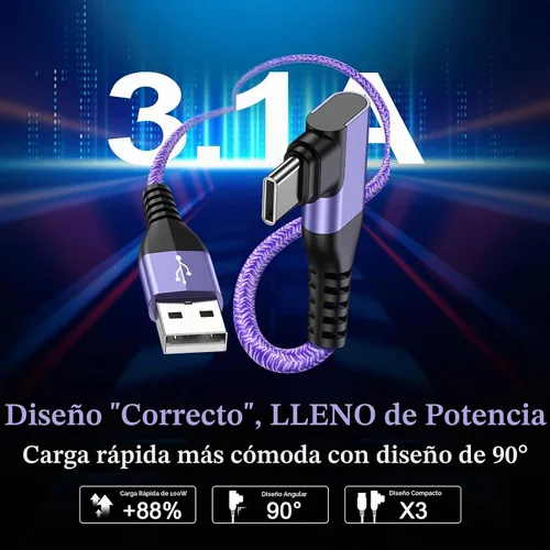 Vista 2 de Cable USB tipo C de 6 pies, paquete de 3 cables de carga rápida en ángulo