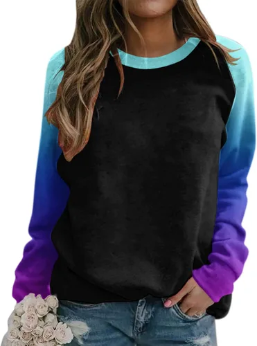 Vista 3 de DUOWEI Sudaderas sin capucha para mujer, camisetas raglán con cuello redondo, estampado liso degradado, sudadera térmica