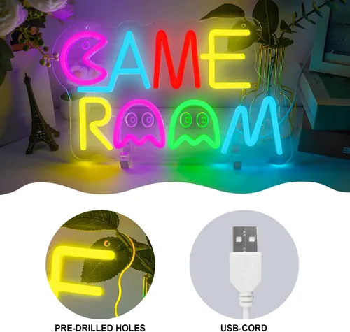 Vista 3 de Letrero LED de neón retro para sala de juegos, Pac Man y fantasmas, decoración de fantasma retro con USB/interruptor de luz de neón para sala