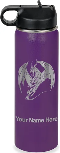 Vista 42 de LaserGram Botella de agua con tapa abatible de doble pared de 12 onzas con pajilla, dragón, grabado personalizado incluido (negro)
