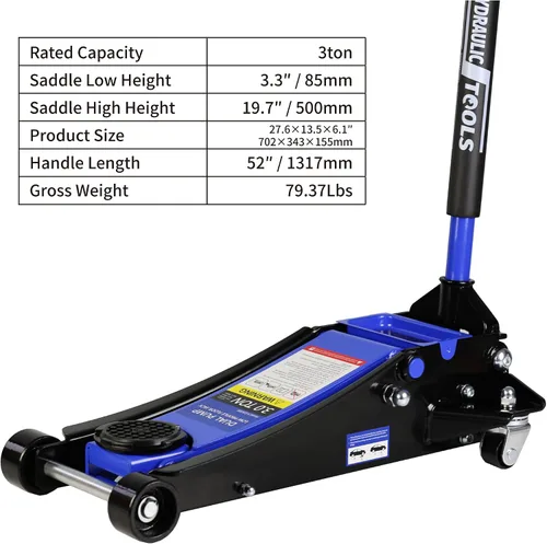 Vista 2 de PULLAFUN Gato de piso de perfil bajo de 3 toneladas, capacidad de 6600 libras con pistón doble, bomba de elevación rápida de acero estable