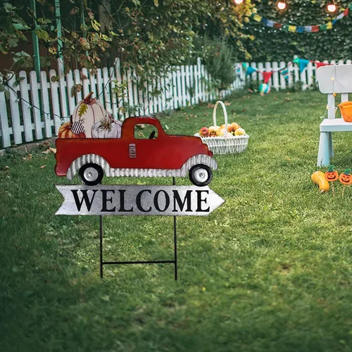 Vista 2 de Cartel de bienvenida intercambiable de metal rojo para camioneta, con carga con calabaza, árbol de Navidad, decoración de temporada de jardín