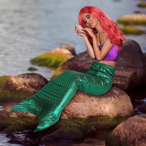 Vista 7 de Cindeer Disfraz de sirena de 3 piezas para mujer, incluye blusa corta de sirena con lentejuelas, parte superior metálica sin tirantes, falda