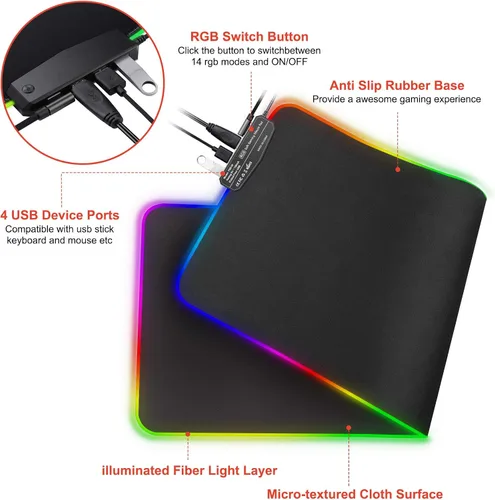 Vista 4 de PECHAM Alfombrilla de mouse RGB para juegos con 4 puertos USB y 14 luces LED alfombrilla de mouse grande extra extendida de 0157in base de goma